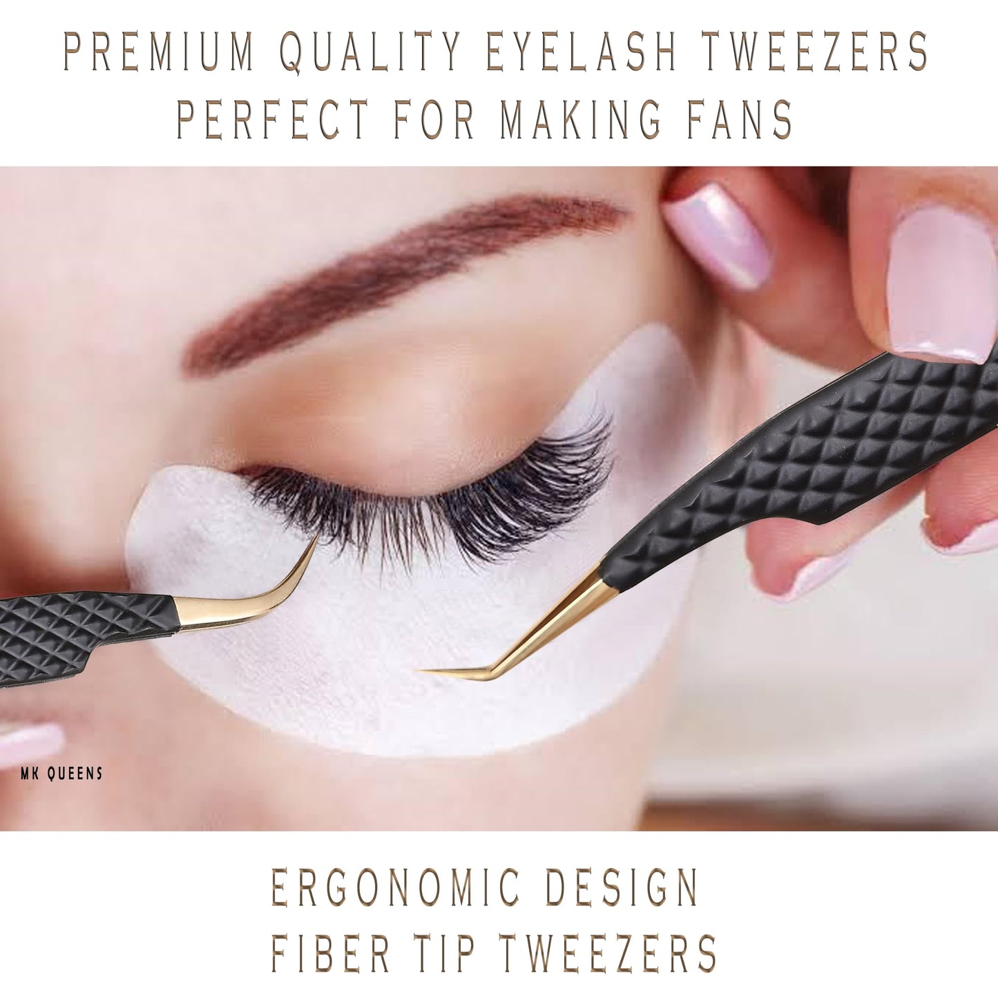 MK Queens Lash Tweezers - Stainless Steel Fiber Tip Eyelash Tweezers (Set of 4) - Diamond Grip Professional Lash Tweezers for Eyelash Extensions Beauty & Personal Care MK QUEENS