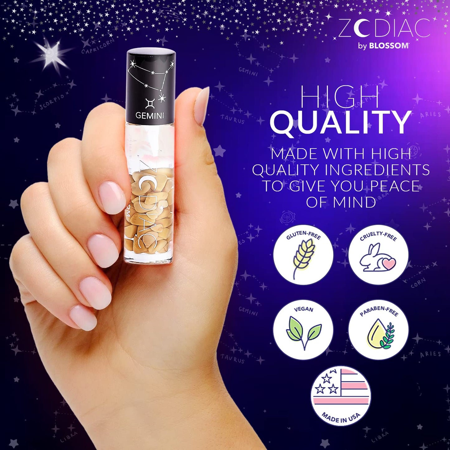 Blossom Lip Gloss Zodiac Sign Vanilla Scented Roll-On Lip Gloss, Moisturizing + Hydrating with Zodiac Crystals, Made in USA, 0.20oz, Gemini Beauty & Personal Care Blossom