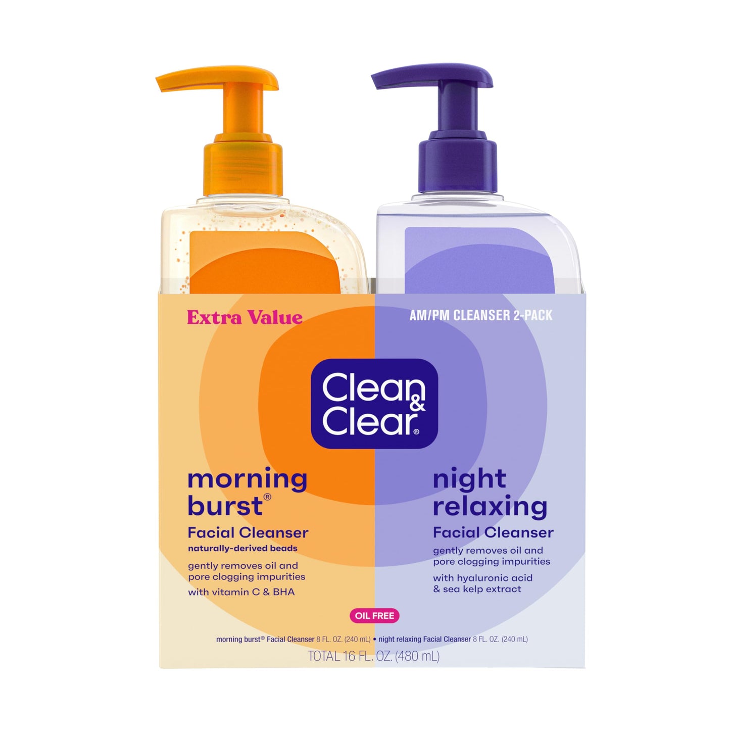 Clean & Clear 2-Pack Oil-Free Facial Cleansers with Citrus Scent, Morning Burst and Night Relaxing, 16 oz Beauty and Personal Care Clean & Clear