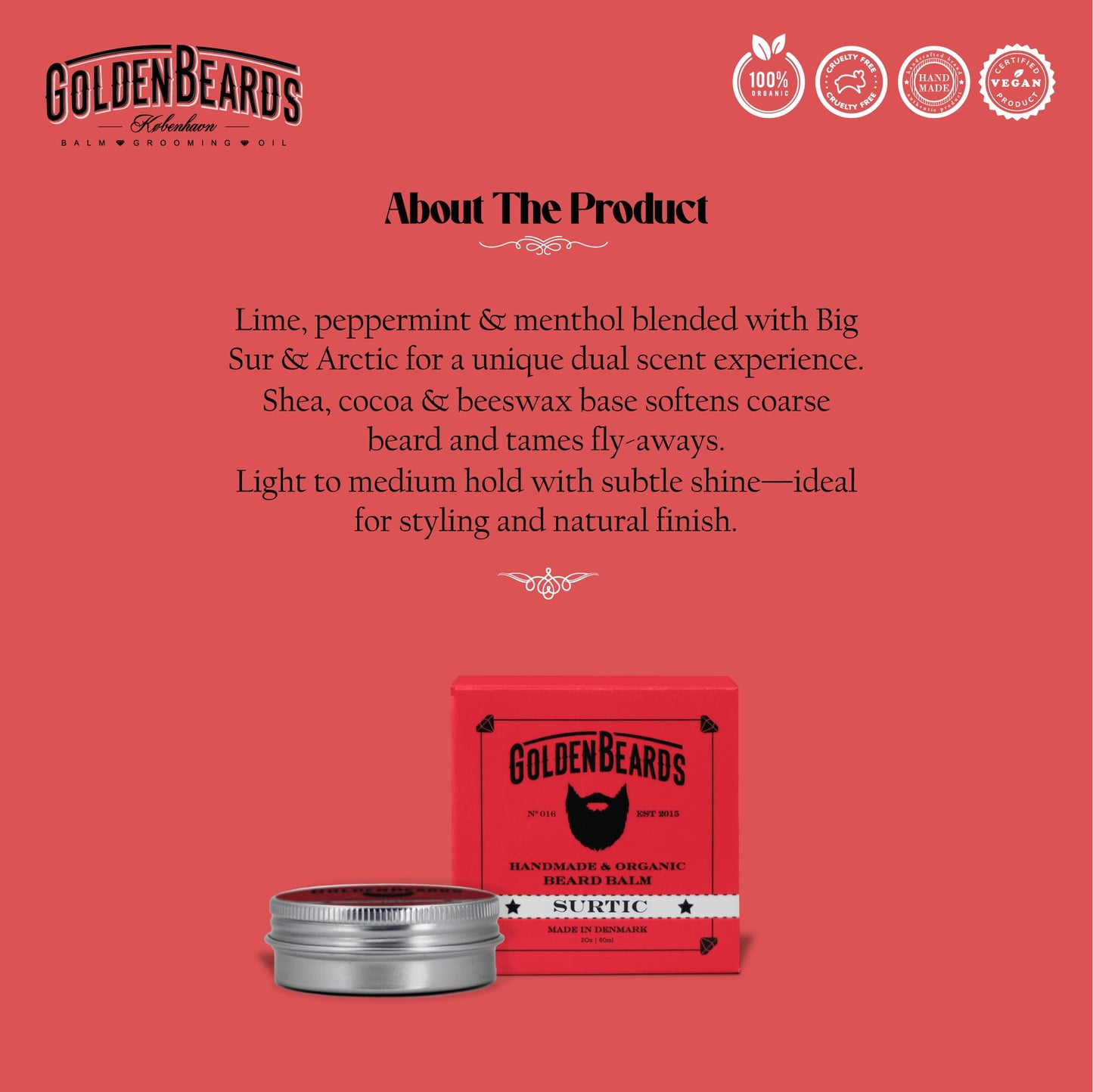 Golden Beards Organic Beard Balm Surtic - Lime, Peppermint & Menthol Blend with Shea & Beeswax - 60ml Vegan Styling & Softening Balm, Handmade in Beauty and Personal Care Golden Beards Kobenhavn BALM GROOMING OIL