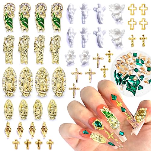 San Judas Virgin Mary Cross 3D Nail Charms Angel Gold Alloy Metal Rhinestones for Acrylic Nail Art Religious Gems Jewels Vintage Manicure Accessories Beauty & Personal Care LCiclly