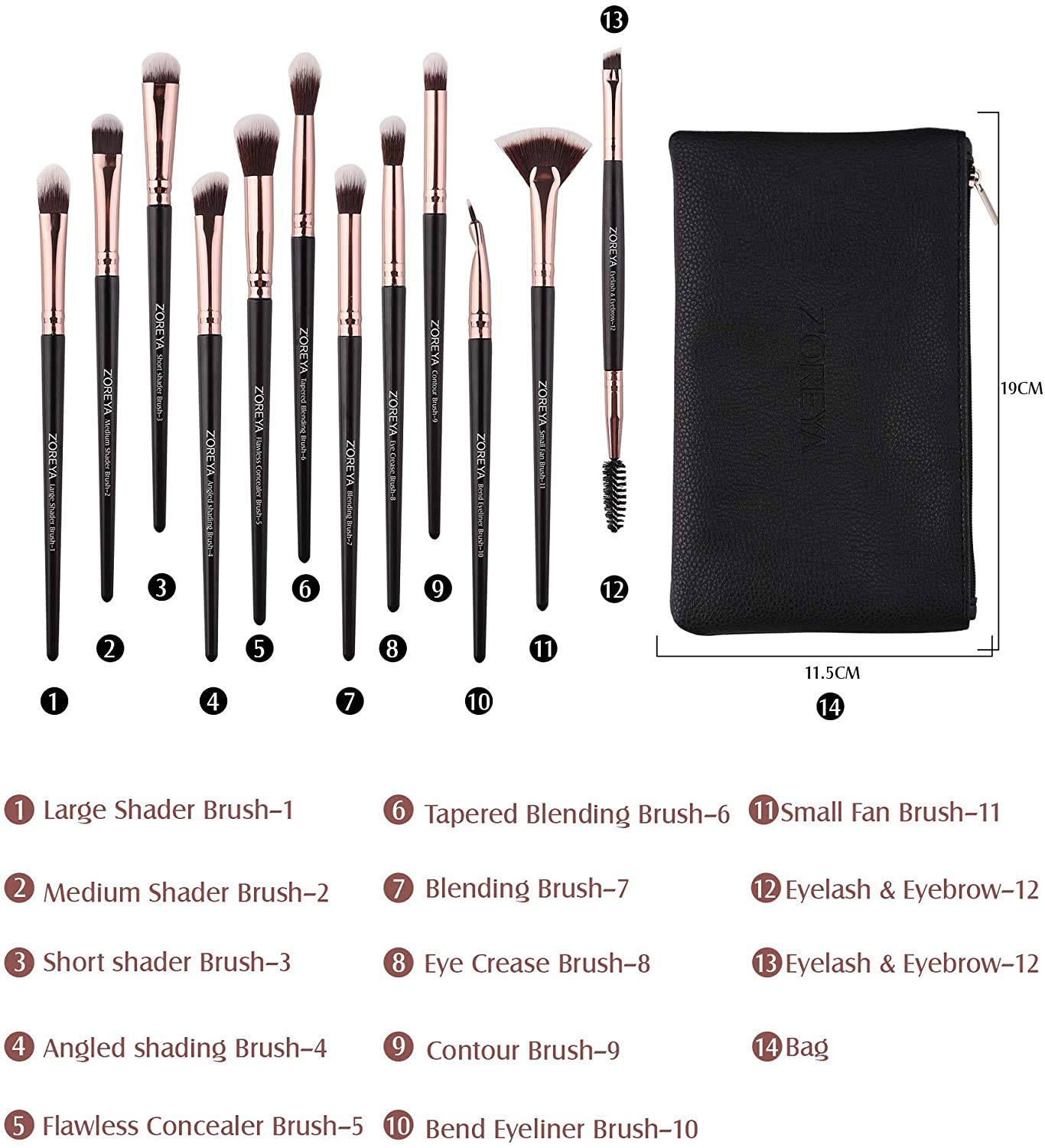 Z'OREYA Eye Makeup Brushes, 12 Pcs Professional Eye Brush Set Eyeshadow, Eyebrow, Blending, Fan, Eyelash Brushes Set With Carrying Bag (Black) Beauty & Personal Care Z'OREYA