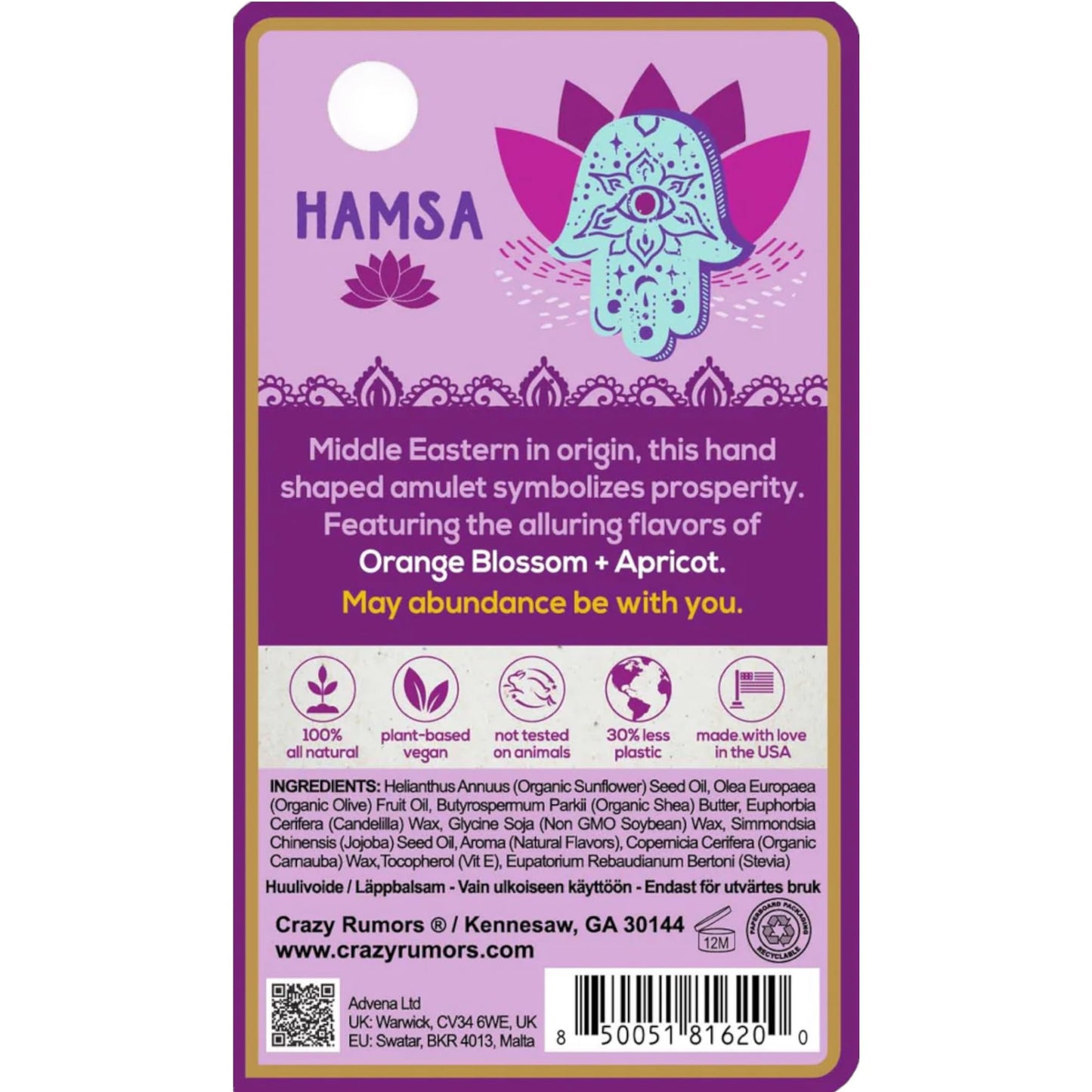 Crazy Rumors Happy Juju All Natural, Plant-Based Lip Balm with Organic Shea & Jojoba 1 Pack (Hamsa) Beauty and Personal Care Crazy Rumors