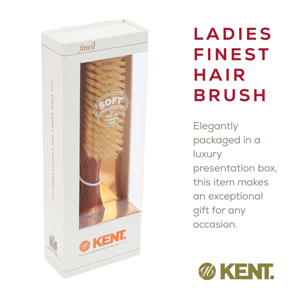 Kent DA4S Finest Women's Danta Wood, Soft White Bristle, Narrow Grooming Hair Brush - Fine or Thinning Hair, Promotes Shine/Stimulates Scalp