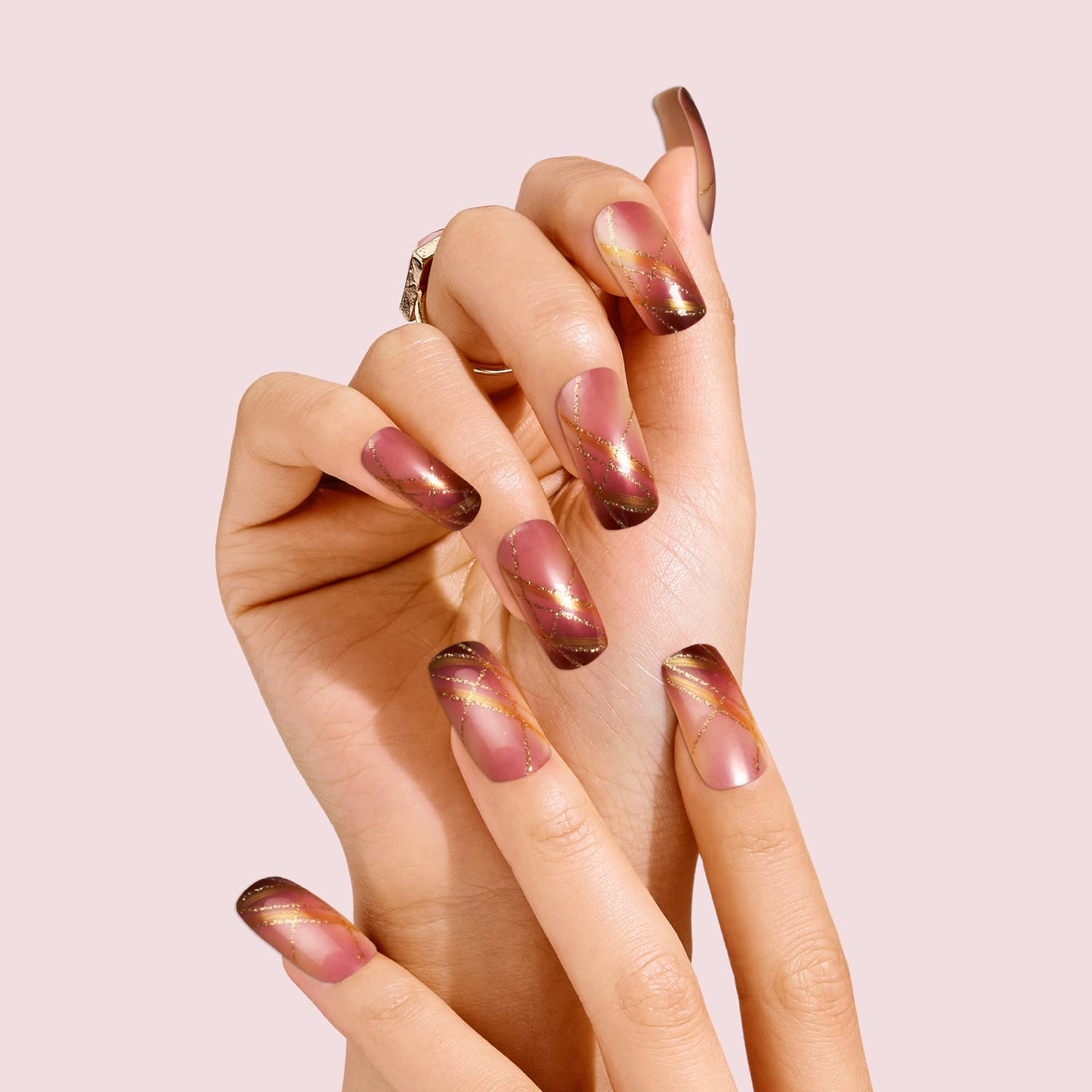 Gold Finger Gel Glam Press on Nail Dark Brown Glitter French Full Cover Luxurious Design, Square shape, Medium Length, MIni Glue Included GF64 Beauty & Personal Care KISS