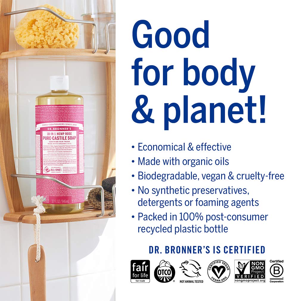 Dr. Bronner's Pure-Castile Liquid Soap - Rose Bundle. 32 oz. Bottle and 2 oz. Travel Bottle Beauty & Personal Care Dr. Bronner's