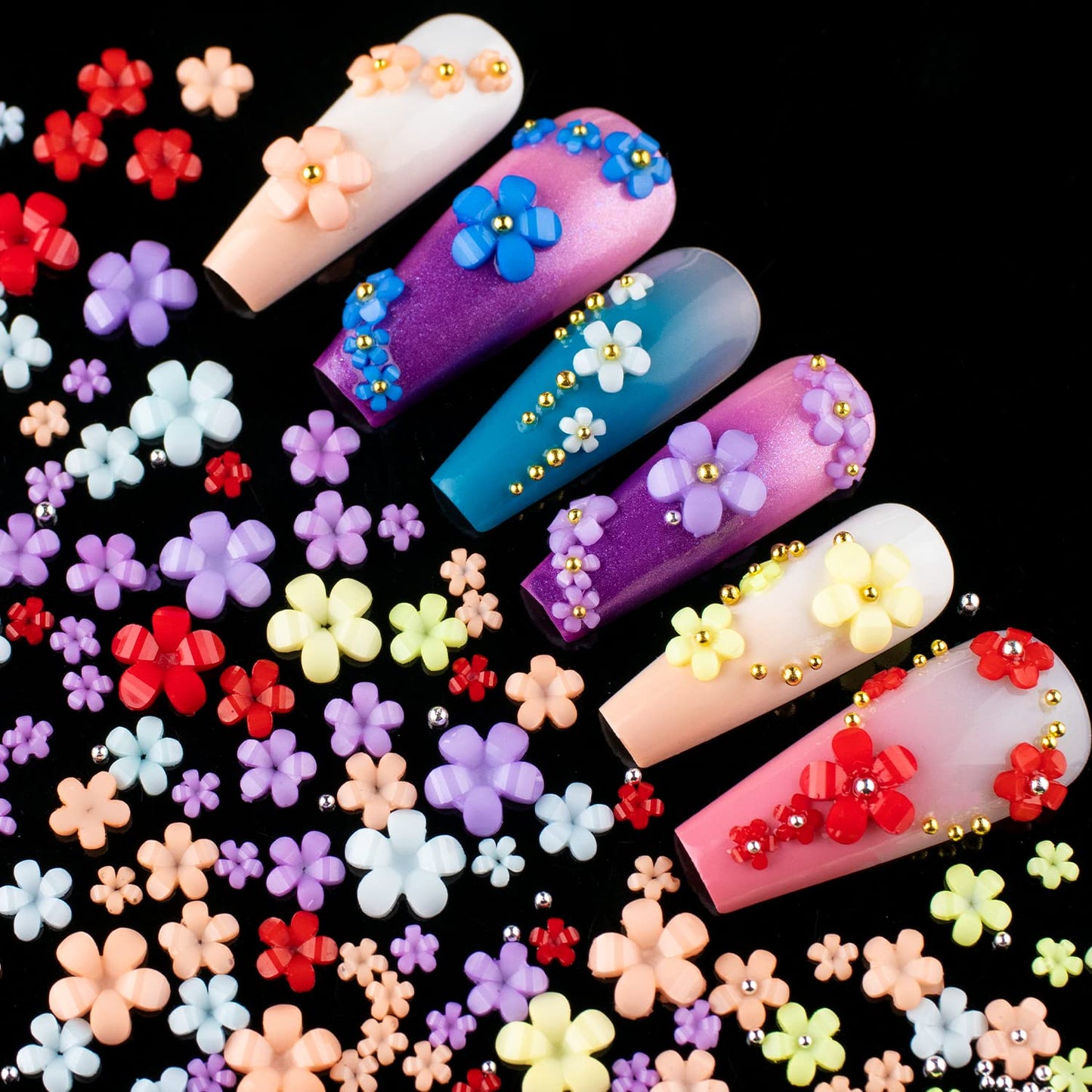 3D Flowers for Nails Art Colorful Charms Kit #2 with Caviar Beads, Blossom Rhinestones Crystal Pearls Acrylic Studs DIY Design Manicure Accessories Beauty & Personal Care BELLEBOOST