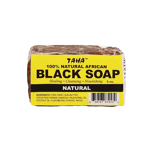 Taha African Black Soap Bar, Organic & 100% Natural, Soothing & Moisturizing, Healthy Cleansing - Great for Blemishes, Acne, Dry Scalp, and More Beauty & Personal Care Taha