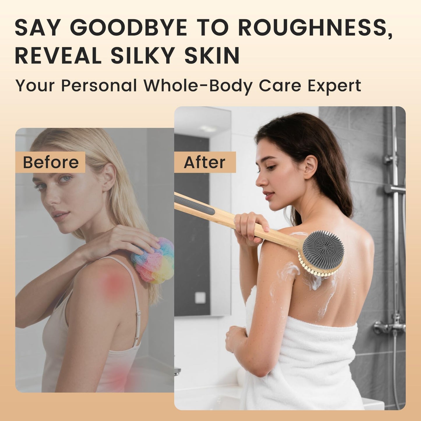 Back Scrubber for Shower - Double-Sided Silicone and Super-Dense Bristles for Deep Cleaning & Exfoliation, Bamboo Long Handle with Wider Anti-Slip Beauty and Personal Care VWMYQ