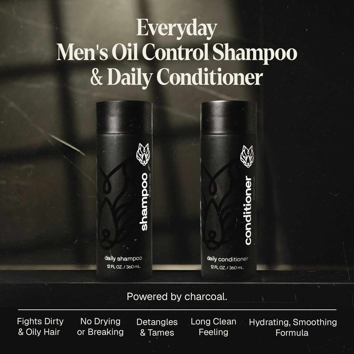 Black Wolf Mens Shampoo & Conditioner Set for Oily Hair - Oil Control Shampoo with Moisturizing & Deep Cleansing Formula - Conditioner for Soft Beauty & Personal Care Black Wolf