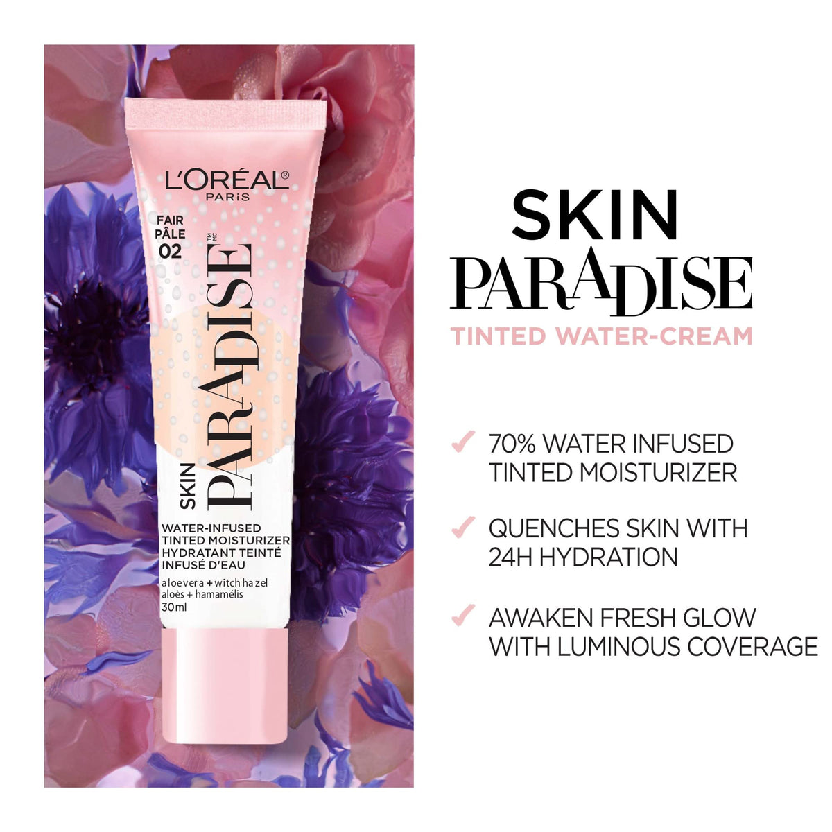 L'Oreal Paris Skin Paradise Water-infused Tinted Moisturizer with Broad Spectrum SPF 19 sunscreen lightweight, natural coverage up to 24h hydration