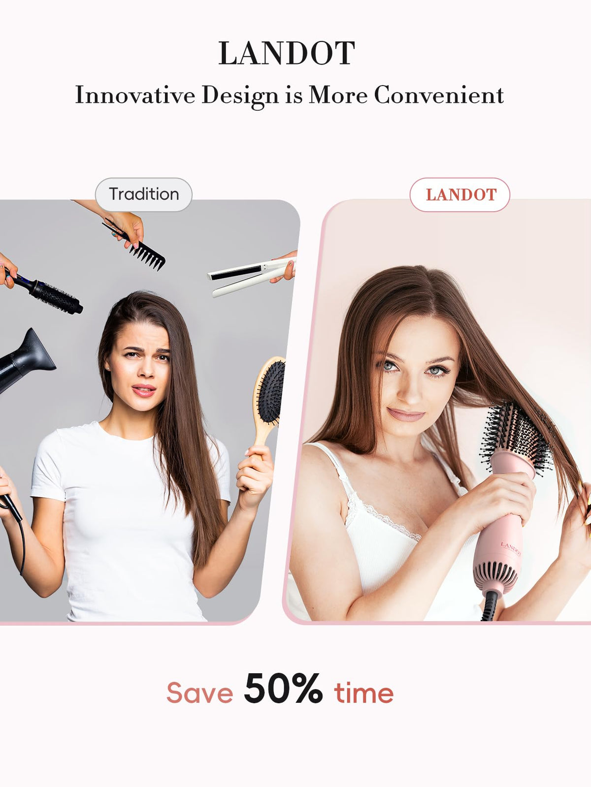LANDOT Hair Blow Dryer Brush One-Step Hot Air Volumizer for Smooth Blowout