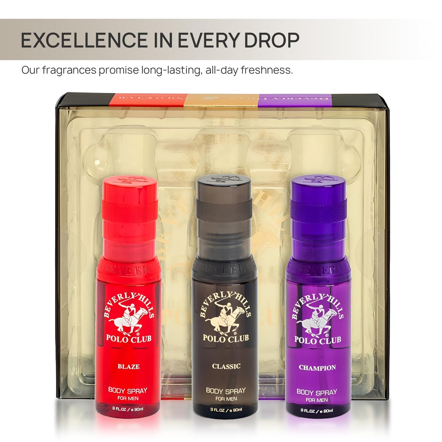 Beverly Hills Polo Club Men's Luxury Body Spray Gift Set - 3 x 3oz Designer Cologne Scents for Dynamic Freshness, Confidence & Active Lifestyles | Beauty & Personal Care Beverly Hills Polo Club