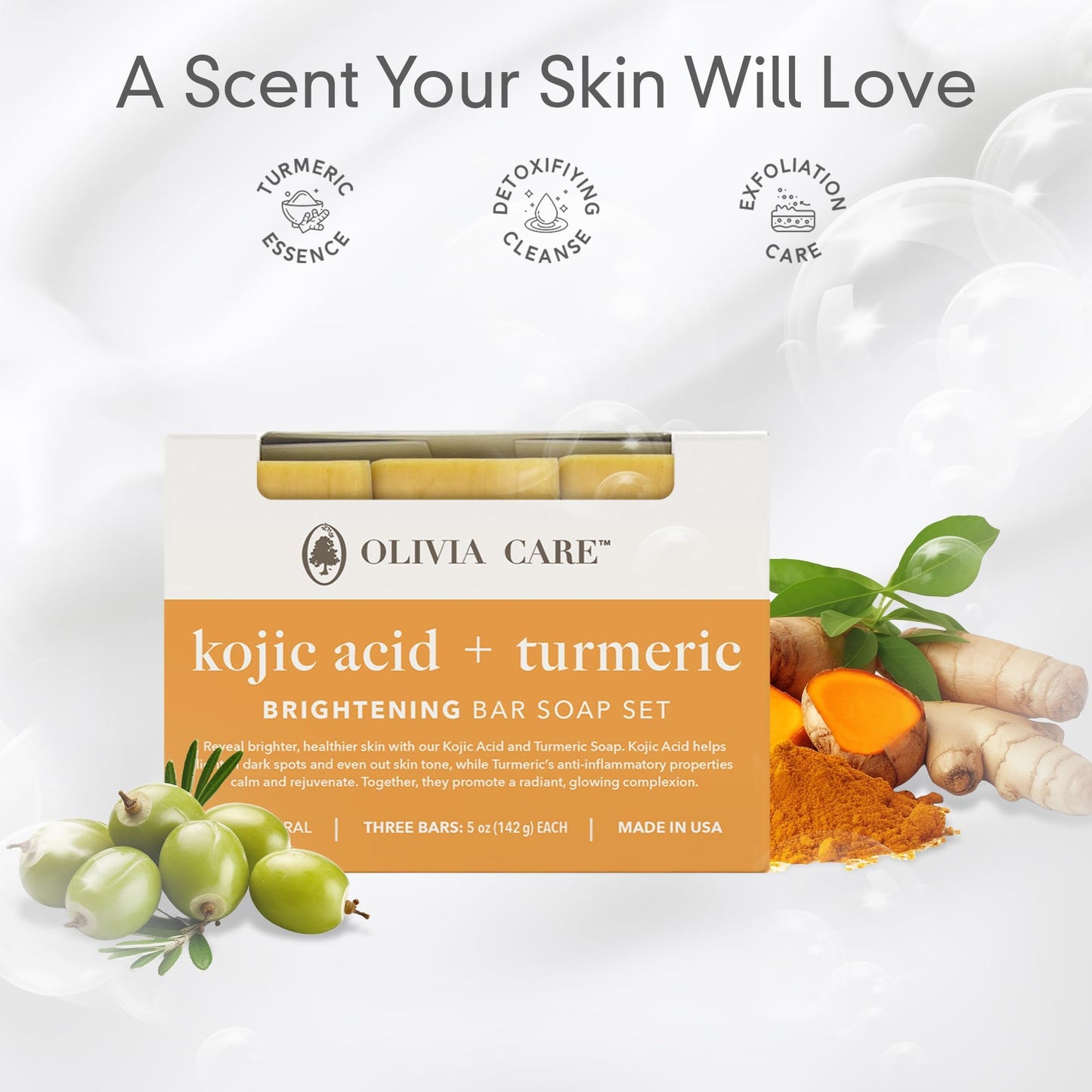Olivia Care Kojic Acid & Turmeric Bar Soap, Brightening Facial & Body Cleanser, Helps Improve the Appearance of Uneven Skin Tone, Natural-Inspired Beauty & Personal Care Olivia Care