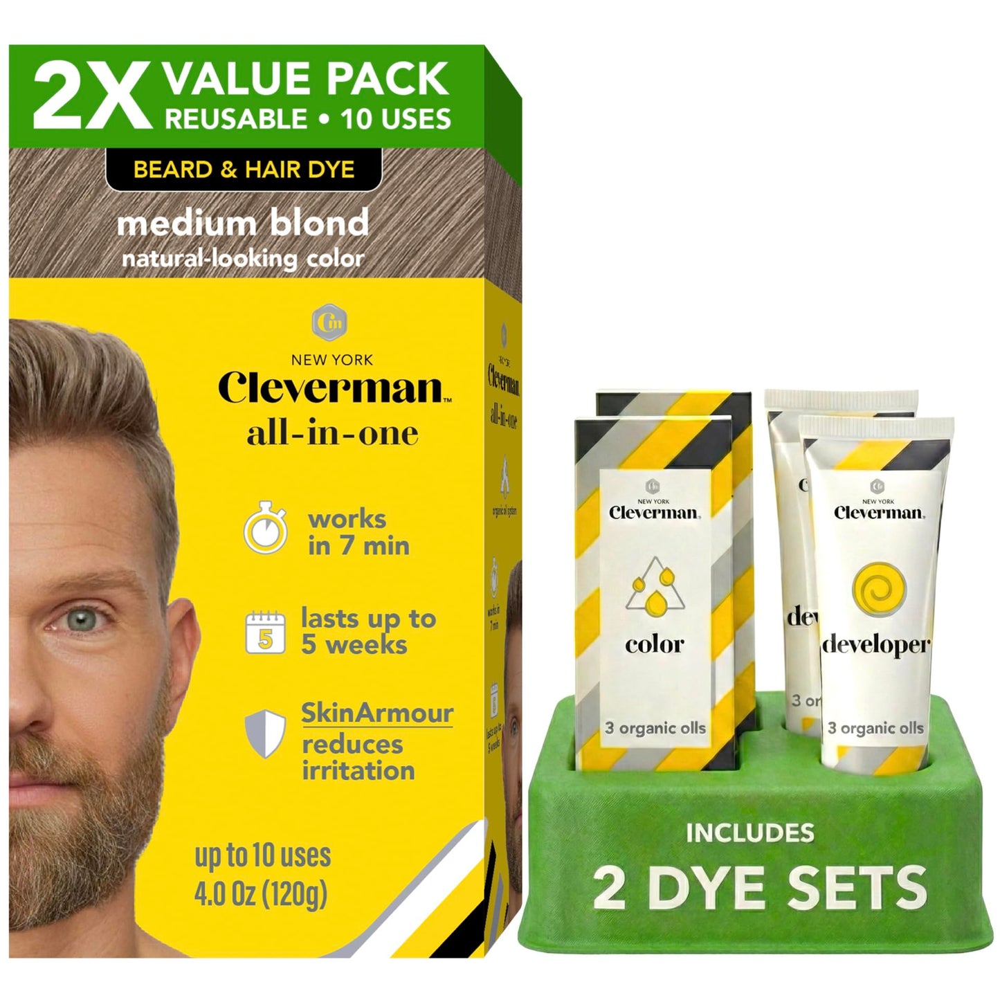 2X Reusable Hair & Beard Dye for Men - Medium Blond 8.01 | Up to 10 Uses, 7 Minutes | Natural Gray Coverage, No-Drip Cream with SkinArmour® Beauty & Personal Care CLEVERMAN