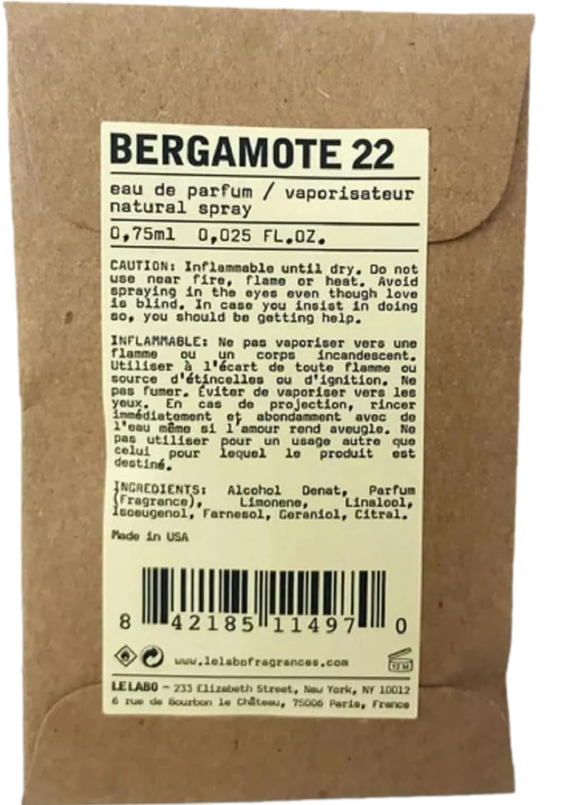 Le Labo BERGAMOTE 22 UNISEX Perfume EDP Vial 0.75 ml / 0.025 oz - (ONE SAMPLE VIAL PER ORDER) 4970 Beauty & Personal Care Le Labo