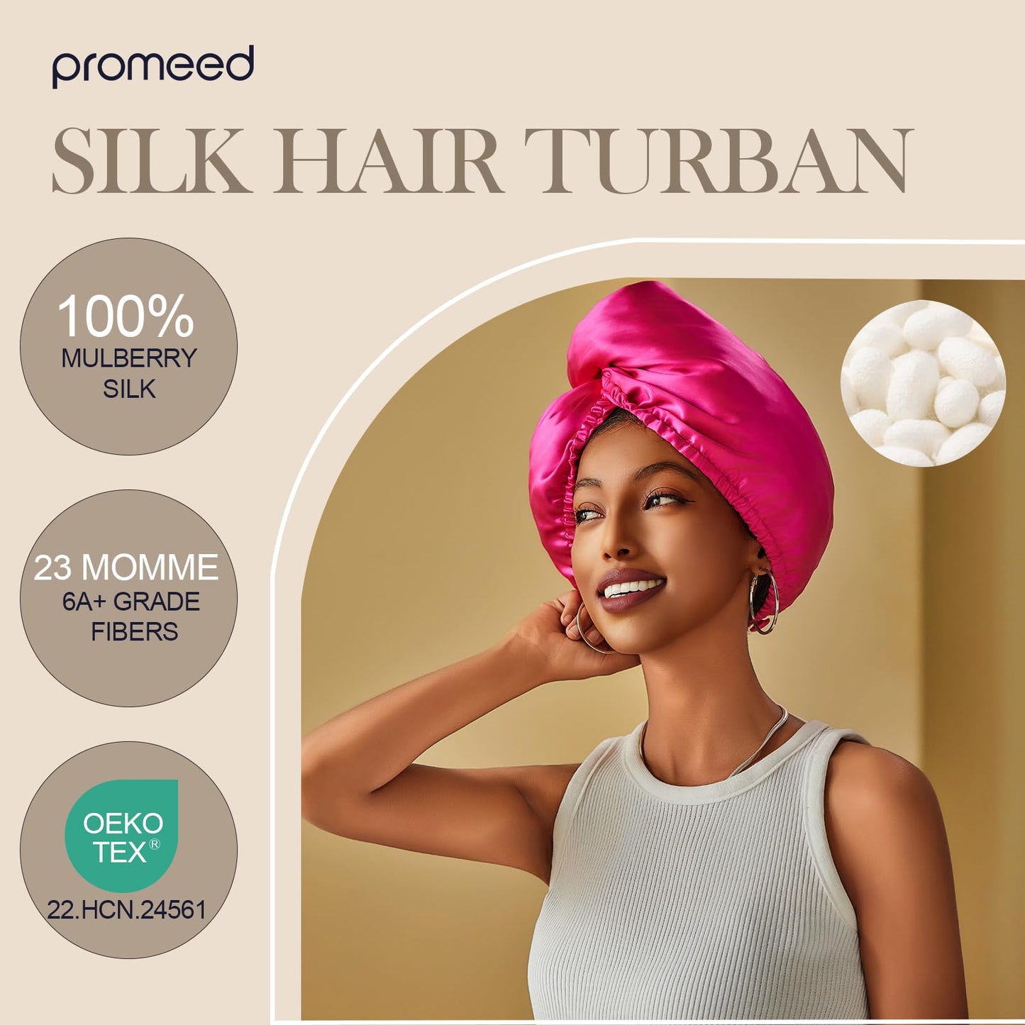PROMEED Hydrating Silk Bonnets with Hyaluronic Acid, 100% 23 Momme Mulberry Silk Turban for Long Hair Care, Moisture Silk Sleep Cap for Healthy Beauty and Personal Care PROMEED