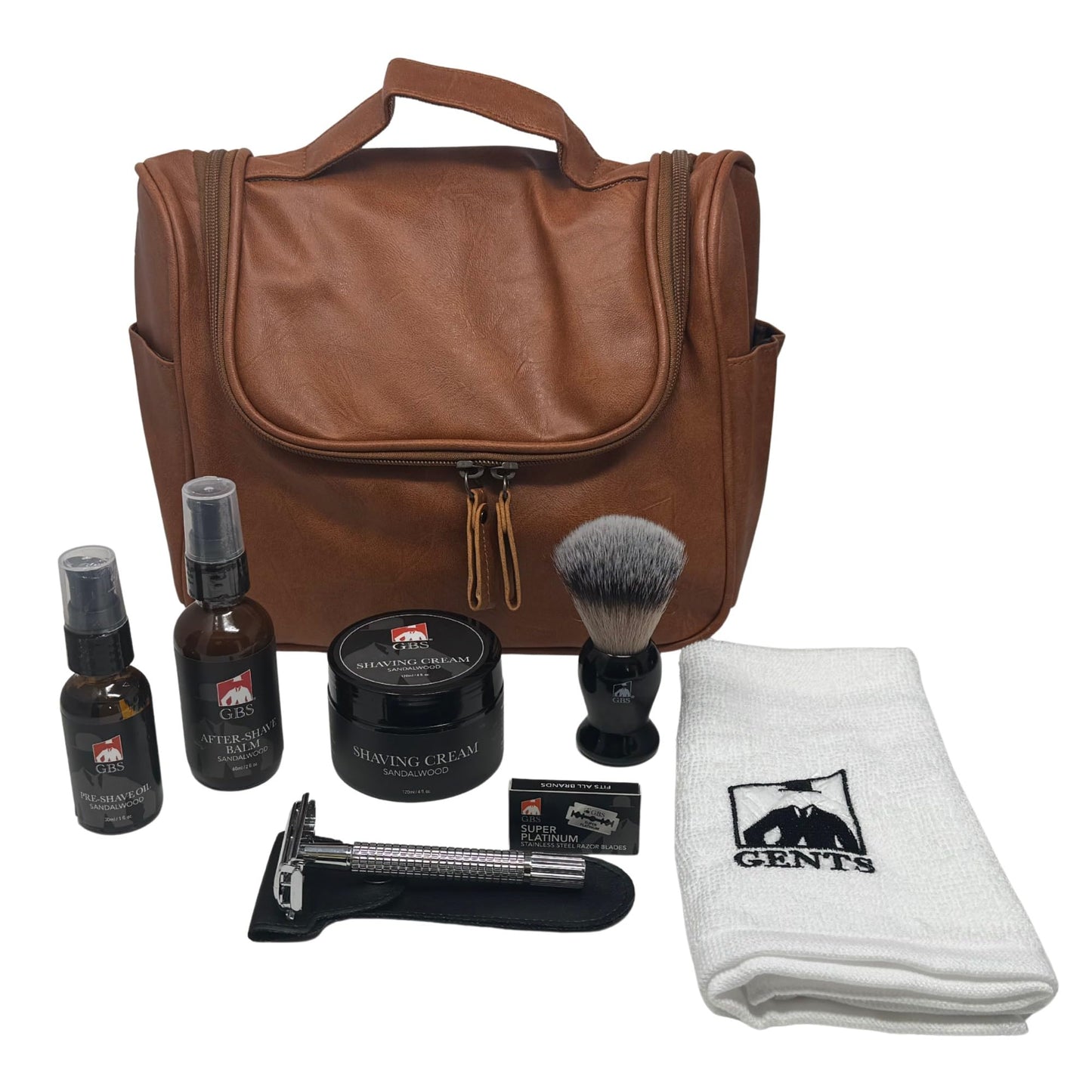 GENTS Men’s Shaving Kit with Faux Leather Travel Bag - Safety Razor, Shaving Brush, Sandalwood Shaving Cream, Pre & After Shave Oils, DE Refill Blades Beauty and Personal Care G.B.S