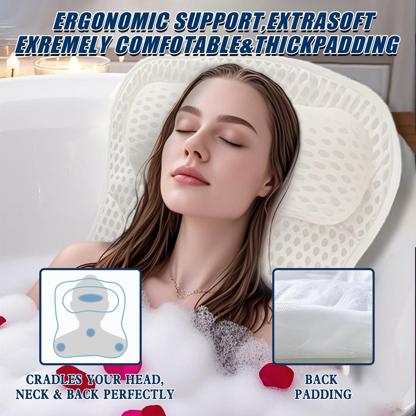 Bath Pillow Bathtub Pillow, Thick Padded Ergonomic Bathtub Headrest for Tub Neck and Back Support with Soft 4D Mesh Fabric and Six Non-Slip Suction Beauty and Personal Care Fan_Ruen