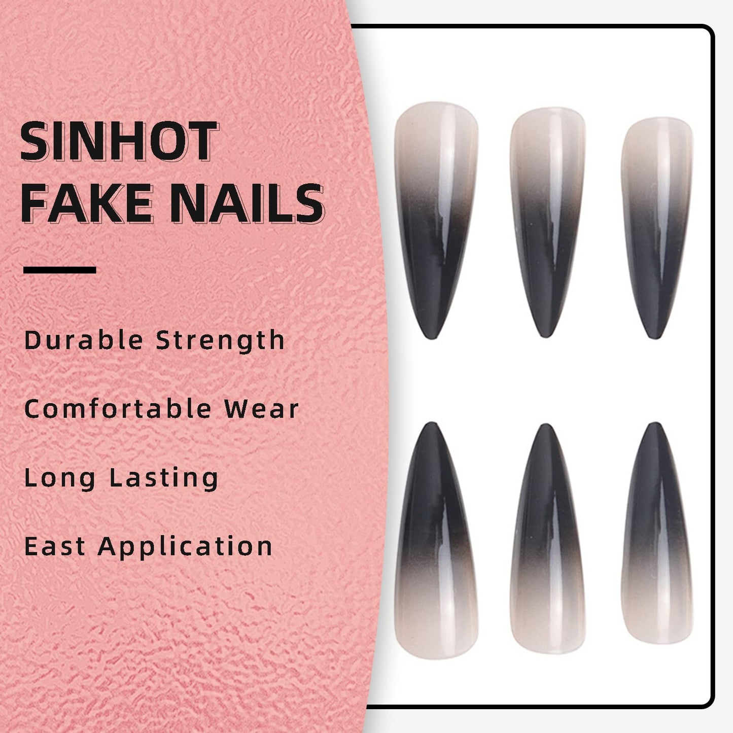 SINHOT Stiletto Press on Nails Extra Long Fake Nails with Glue Glossy False Nails with Black Gradient Designs Full Cover Almond Acrylic Nail 24pcs Beauty & Personal Care SINHOT