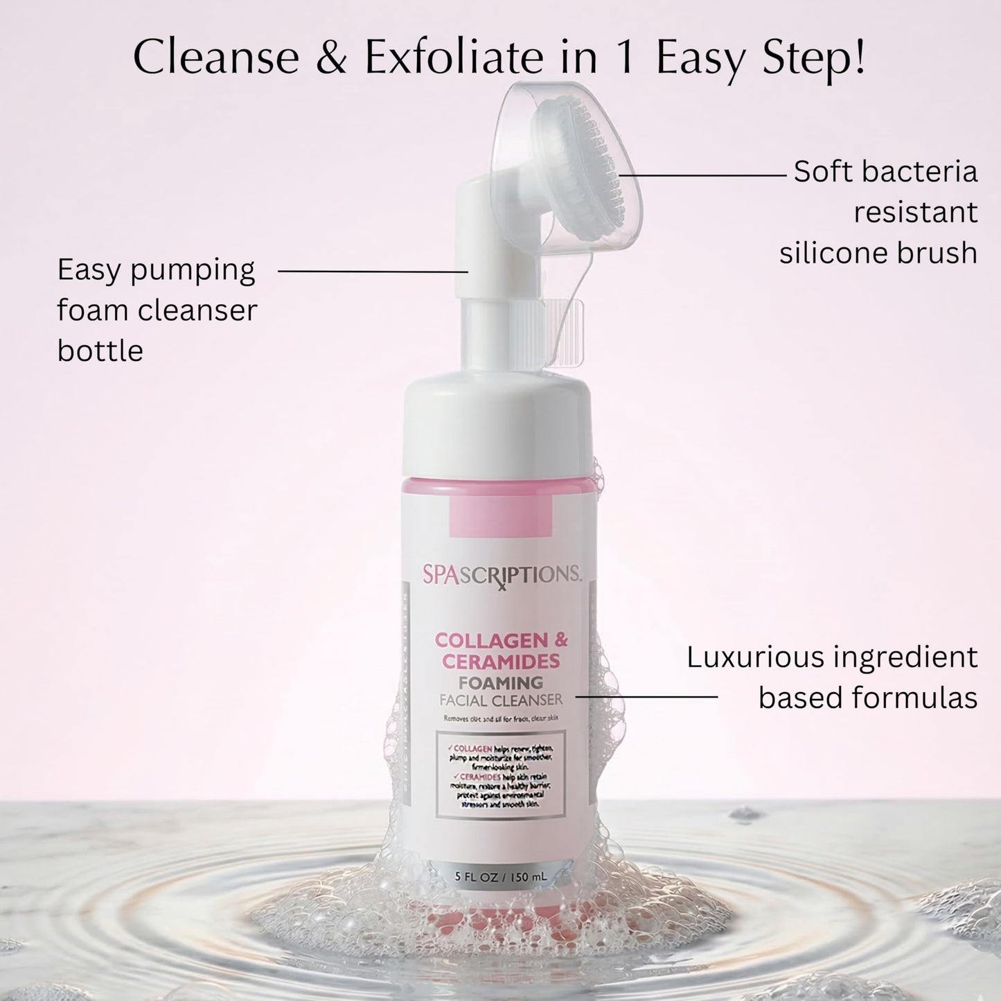 SpaScriptions 2 in 1 Cleanse & Exfoliate Foaming Facial Cleanser - Collagen & Ceramides Face Wash with Silicone Brush for Dry Skin with Barrier Beauty & Personal Care SpaScriptions