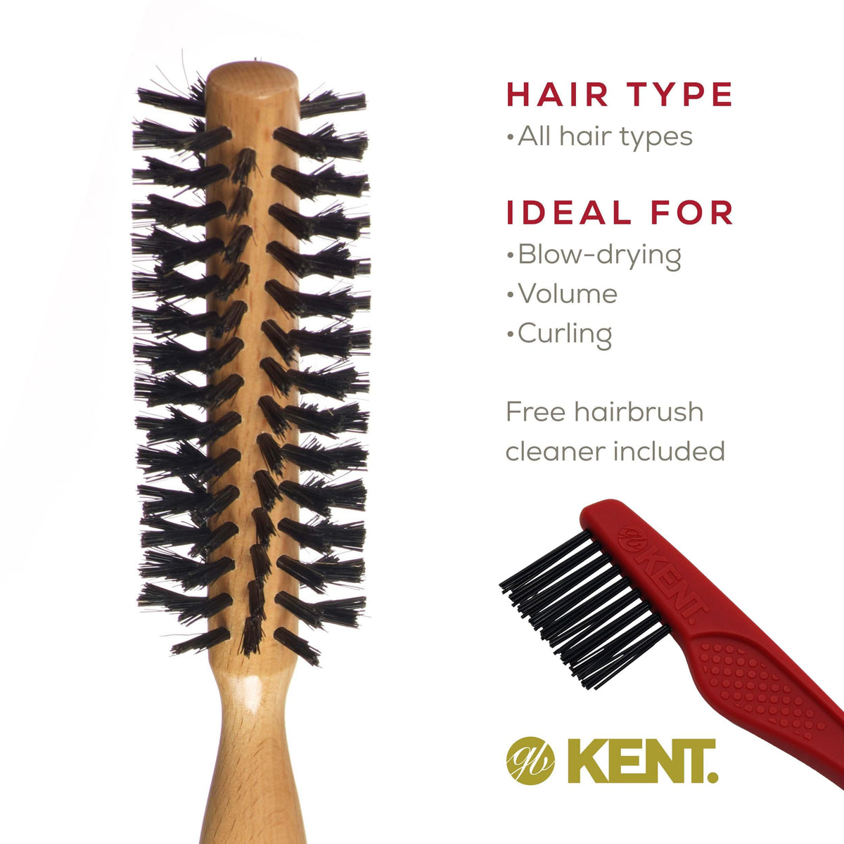 Kent LBR1 Finest Hair Brushes for Women Blow Dry Brush Made of Beechwood -Spiral Radial Boar Bristle Hairbrush for Short or Shaped Hair - Royal Salon