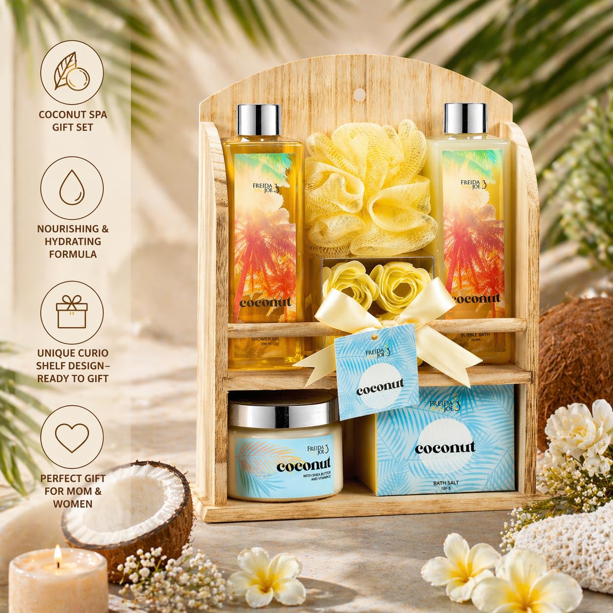 Coconut Spa Gift Basket for Women - Luxury Bath & Body Gift Set with Shower Gel, Bubble Bath, Body Lotion, Bath Salts & Rose Soaps - Mother’s Day Self Beauty and Personal Care Freida and Joe