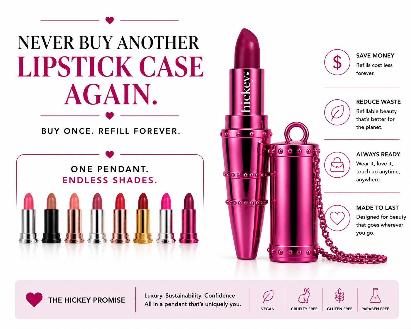 Hickey Refillable Pendant Lipstick, Big Trouble[Berry Wine] - Wearable Satin Lip Color on a Chain, Refillable Clean Beauty, Full Lipstick Included Beauty & Personal Care Hickey