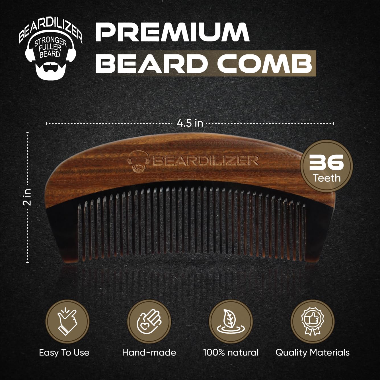 Beardilizer Premium Beard Comb for Men - 100% Natural Black Ox Buffalo Horn & Sandalwood Handle with Carrying Pouch, Professional Anti-Static Fine Beauty and Personal Care Beardilizer
