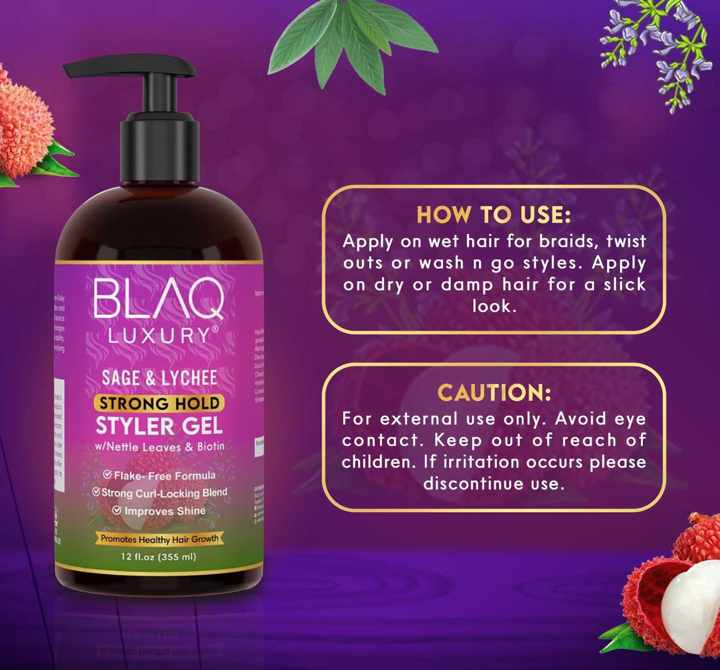 Blaq Luxury Sage & Lychee Strong Hold Styler Gel - Non-Alcoholic and Non-Flaky Formula for All-Day Hold - Biotin Infused - Promotes Hair Repair Beauty & Personal Care Blaq Luxury