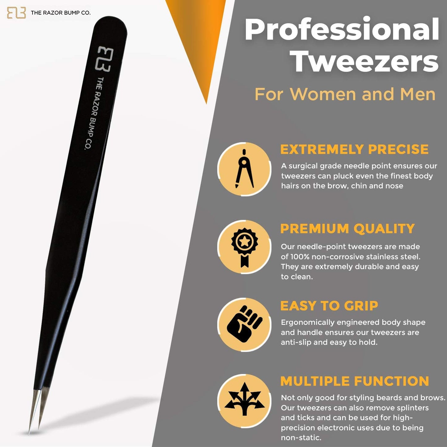 Tweezers For Ingrown Hair By The Razor Bump Co. - Sharp, Stainless Steel, Surgical - Professional Tweezers For Women and Men - Precision Splinter Beauty and Personal Care TRBC