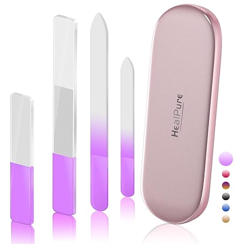 Glass Nail File and Nail Shiner, 4PC Crystal Nail File and Nano Glass Nail Buffer, Premium Set with Case, Professional Manicure Tool Fingernail Czech Beauty & Personal Care HealPure