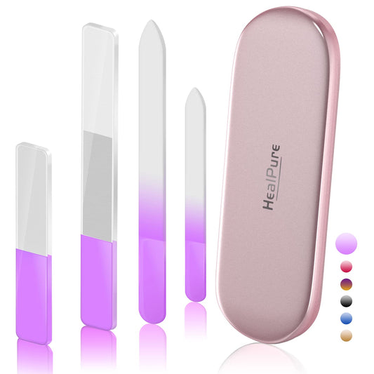 Glass Nail File and Nail Shiner, 4PC Crystal Nail File and Nano Glass Nail Buffer, Premium Set with Case, Professional Manicure Tool Fingernail Czech Beauty & Personal Care HealPure