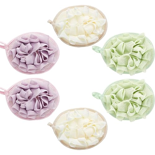 Boao 6 Pcs Bath Shower Pouf Sponge Mesh Pouf Shower Ball Exfoliating Body Sponge Pad Scrubber Glove with Flower Bath Ball (Beige,Green,Purple) Beauty & Personal Care Boao