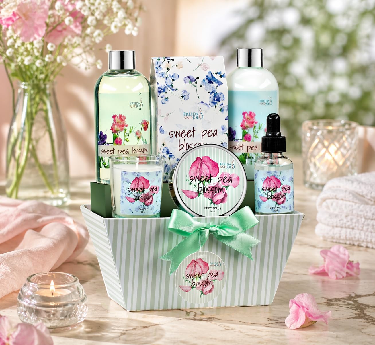 Sweet Floral Blossom Spa Gift Basket for Women - Mother’s Day Bath & Body Gift Set with Shower Gel, Body Lotion, Body Oil, Bath Salts & Candle - Self Beauty and Personal Care Freida and Joe