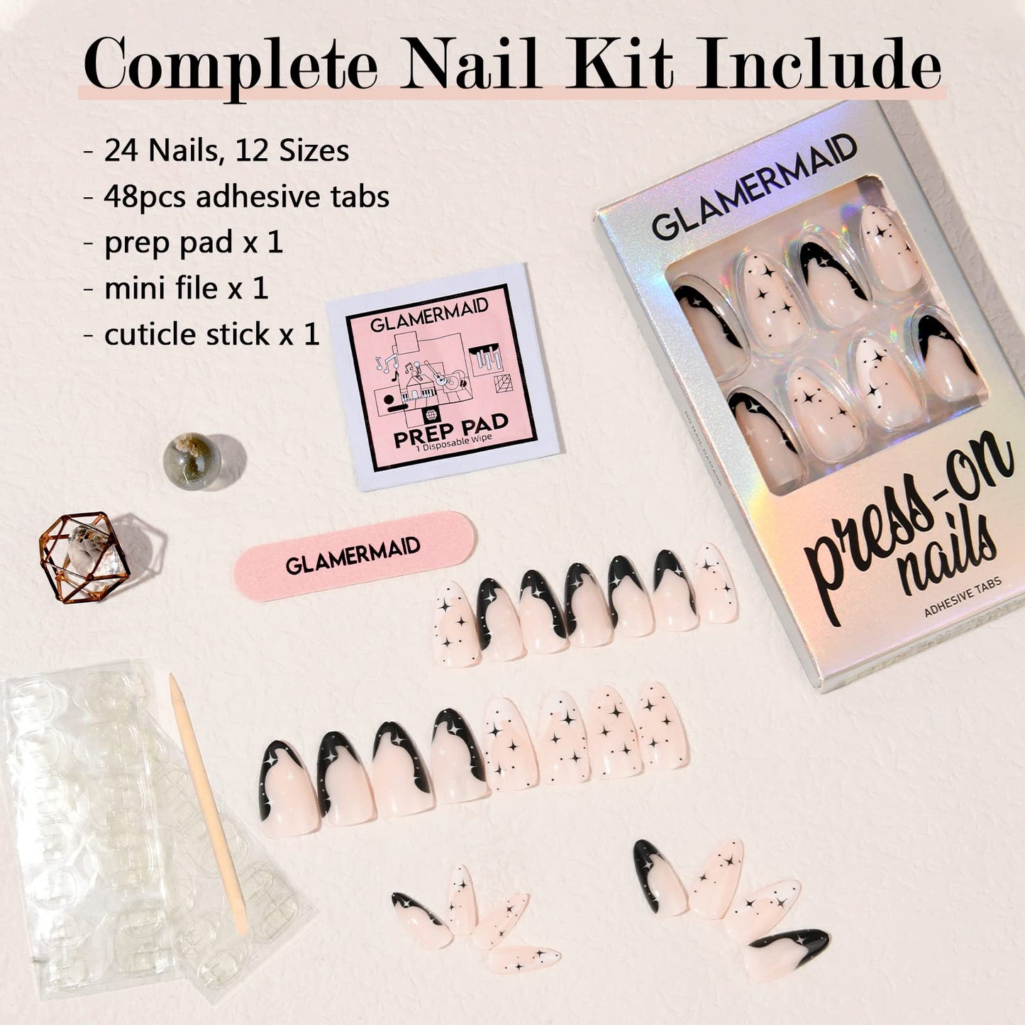 GLAMERMAID Black Press on Nails Medium Almond, Emo Crush Jelly Gel Gothic Stiletto False Glue on Nails Kit with Moon Star Desgin for Women, Reusable Beauty & Personal Care GLAMERMAID