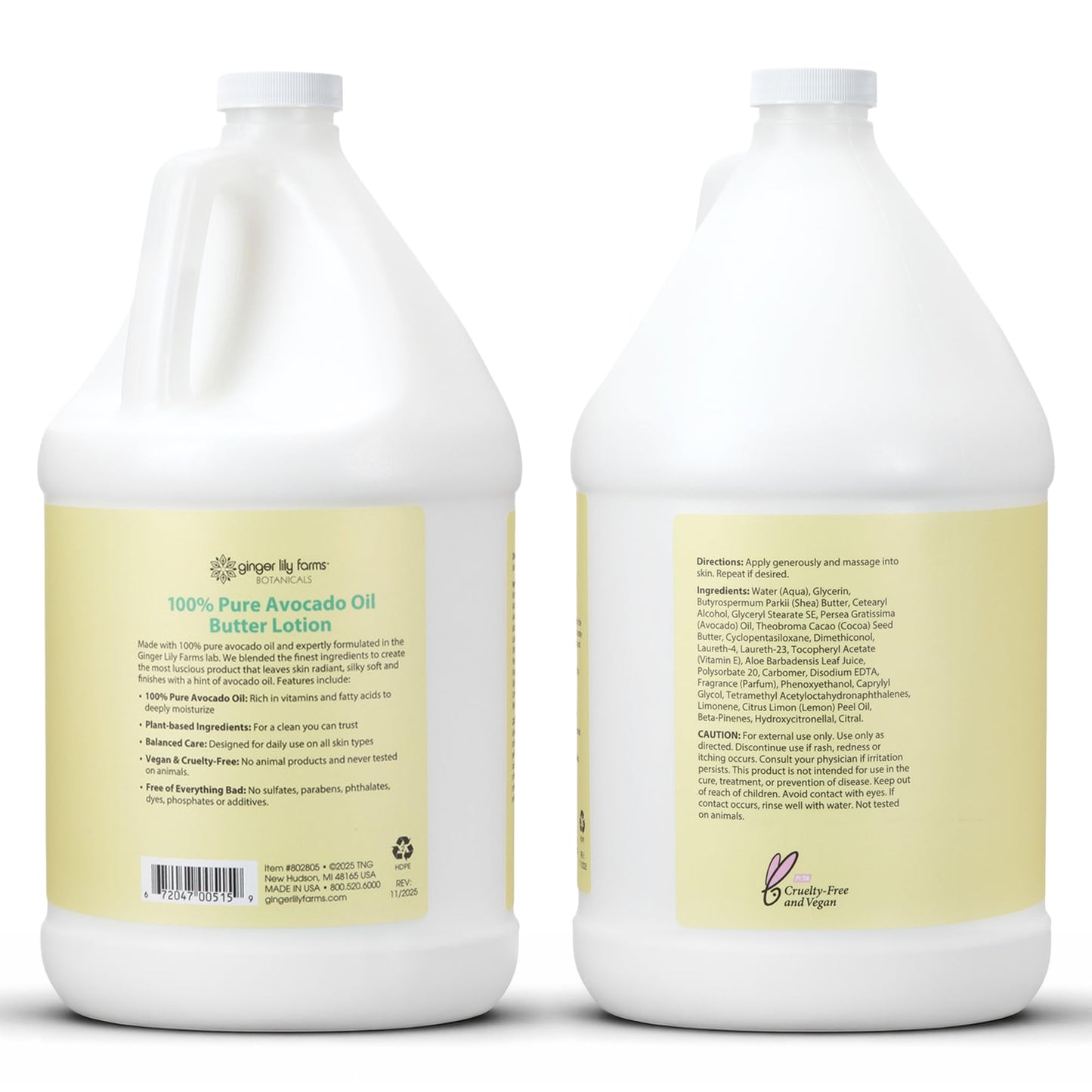 Ginger Lily Farms Botanicals 100% Pure Avocado Oil Butter Lotion for Dry Skin, 100% Vegan & Cruelty-Free, 1 Gallon (128 Fl Oz) Refill Beauty & Personal Care Ginger Lily Farms