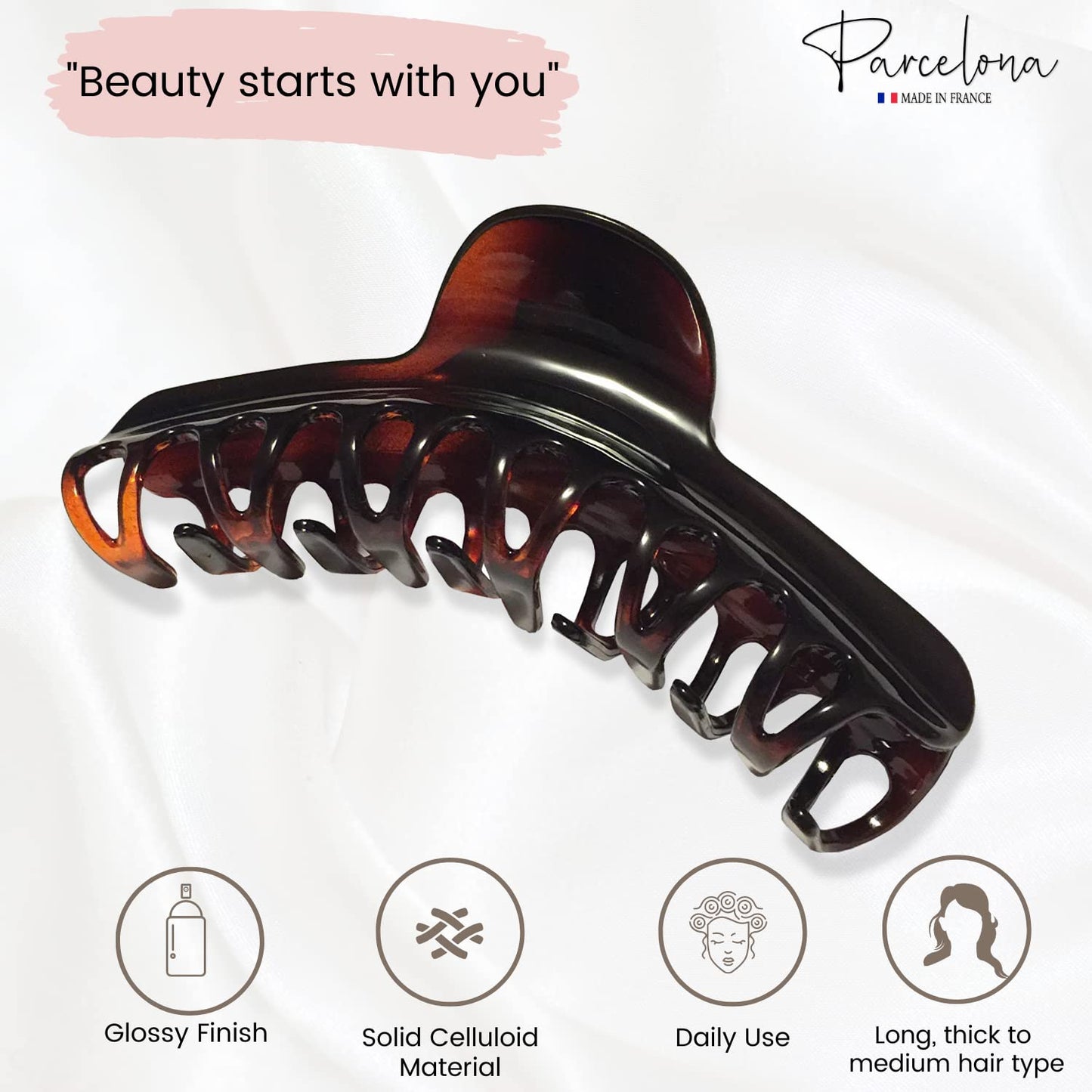 Parcelona French Curvy Large 5 Inch Long Celluloid Tortoise Shell Hair Claw Clamp for Thick or Long Hair Beauty & Personal Care Parcelona