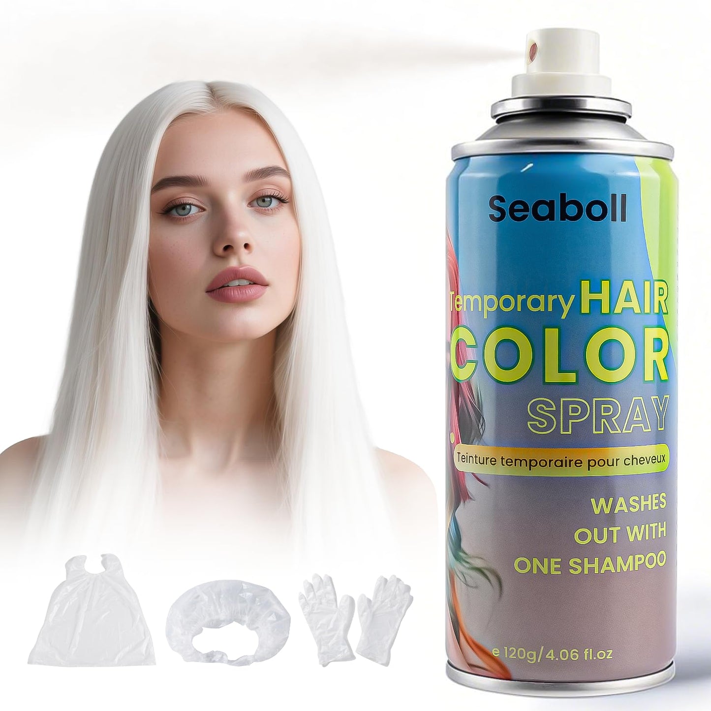 White Hair Spray, Seaboll Temporary Hair Color Spray for Kids Women Men-4.06 oz- Safe Non Sticky Washable One Day Hair Dye Spray,Disposable Beauty & Personal Care Seaboll