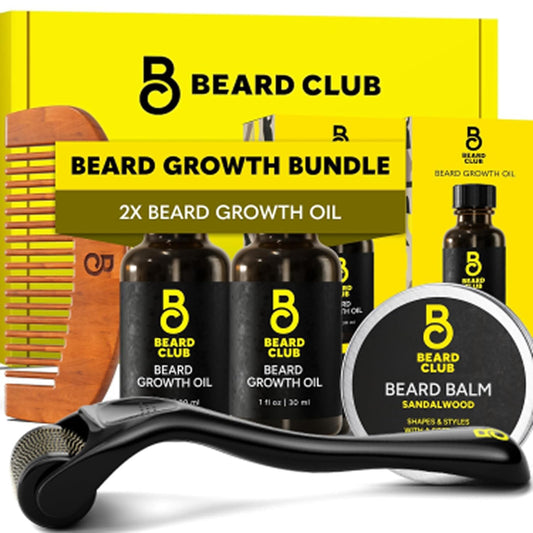 The Beard Club Enhanced Beard Growth Kit - Derma Roller, Beard Growth Oil (2PK), Sandalwood Beard Balm, Comb - Gift Set Beauty and Personal Care The Beard Club