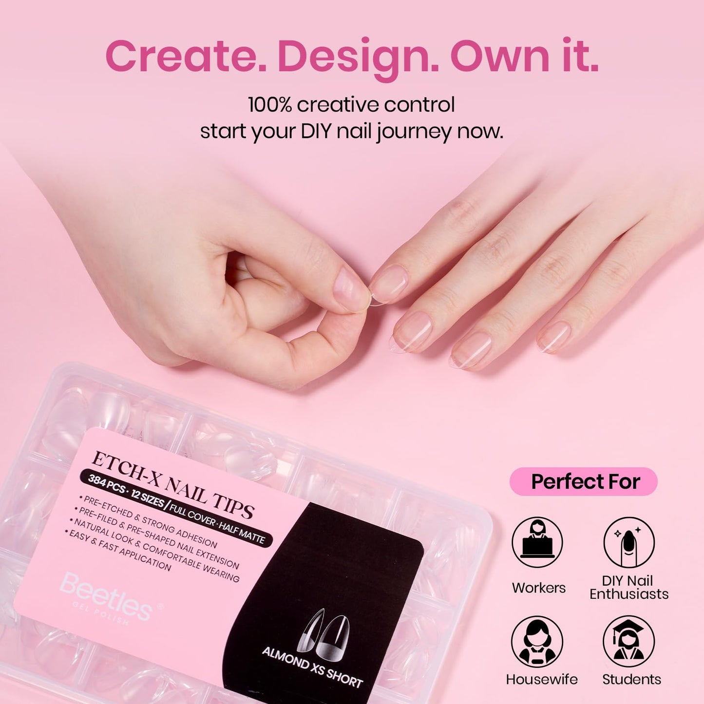 Beetles Gel Nail Tips Etch-X- Almond Extra Short, 384pcs 12 Sizes, Pre-Etched Half Matte Full Cover Soft Gel Nail Tips, Press on False Nail Extension Beauty and Personal Care beetles Gel Polish