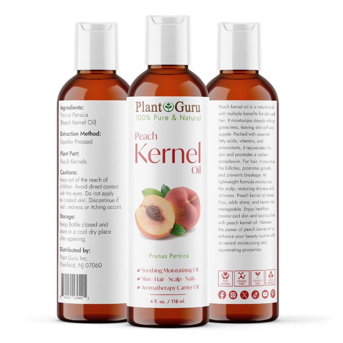 Peach Kernel Oil 4 fl. oz. Cold Pressed 100% Pure & Natural Carrier - Ideal for Skin, Face, Body, and Hair Moisturizer. Great for DIY Creams, Lotions Beauty & Personal Care Plant Guru