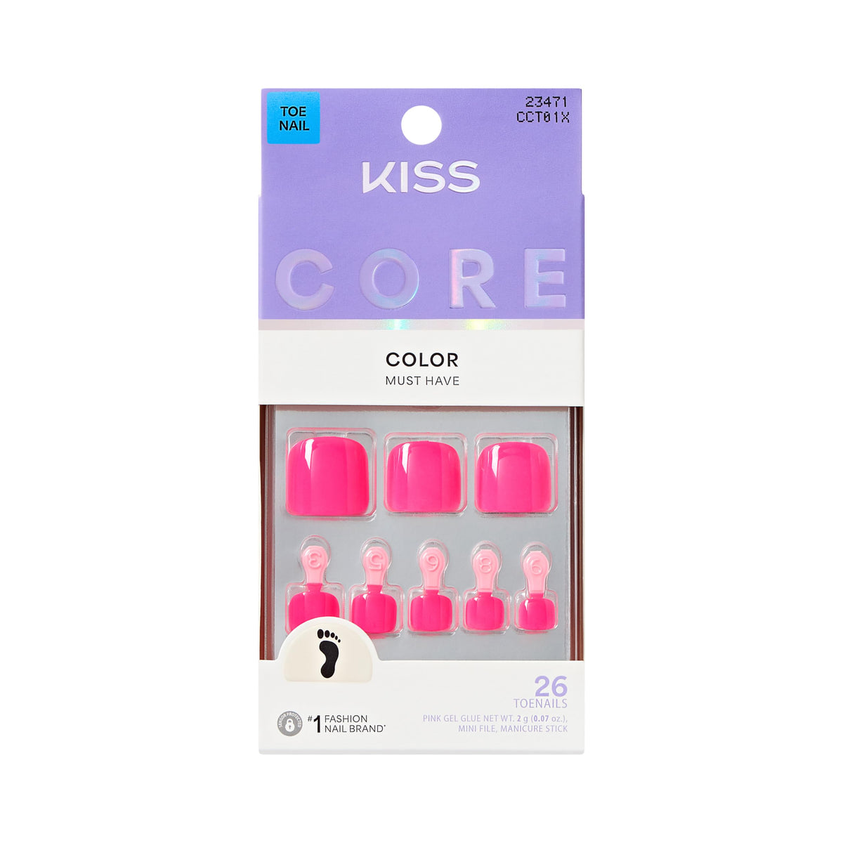 Kiss Core, Press On Nails, Nail glue included, 'Step It Up', Pink, Short Size, Squoval Shape, Includes 26 Toenails, 2g Glue, 1 Manicure Stick, 1 Mini