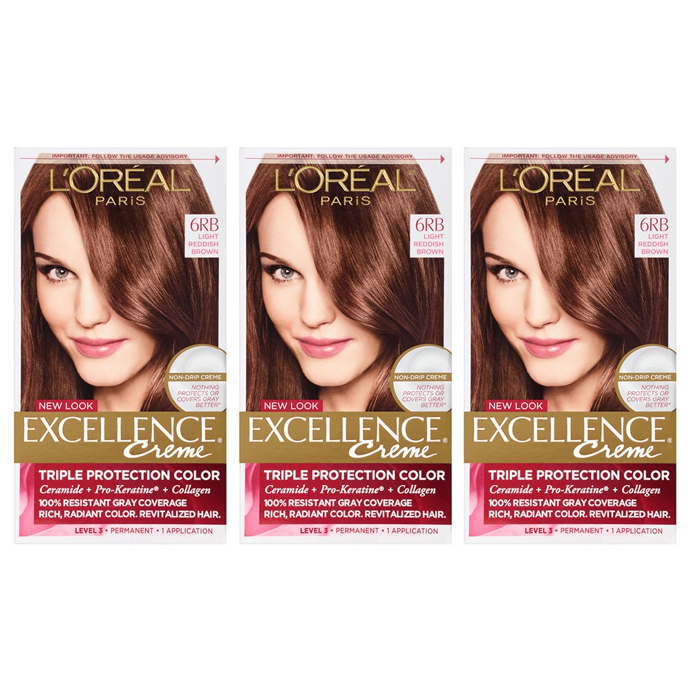 L'Oreal Paris Excellence Creme Permanent Hair Color, 6 Light Red Brown,100 percent Gray Coverage Hair Dye, Pack of 3 Beauty & Personal Care L'Oreal Paris