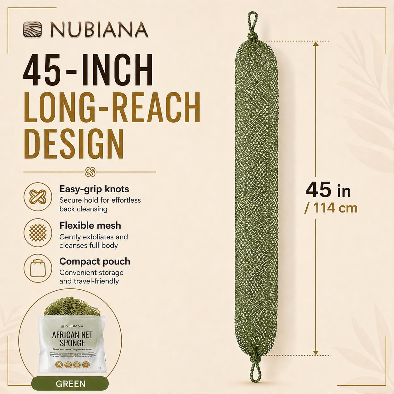 Nubiana African Net Sponge Authentic with Knots, 45 Inch Handwoven Nigerian Exfoliating Body Sponge with Handles, Quick-Drying Nylon Mesh Body Beauty and Personal Care Nubiana