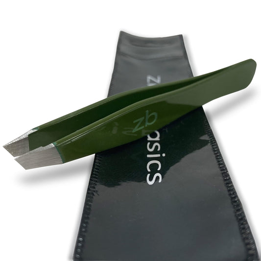 Tweezers - Surgical Grade Stainless Steel - Slant Tip for Expert Eyebrow Shaping and Facial Hair Removal - with Protective Pouch (Army Green) Beauty and Personal Care Zizzili Basics