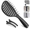 Curved Vented Hairbrush Faster Blow Drying - Detangling Brush with Built in Cleaner, Magnetic Holder and Hair Clips for Women, Men & Kids - Black Beauty & Personal Care LAVONE
