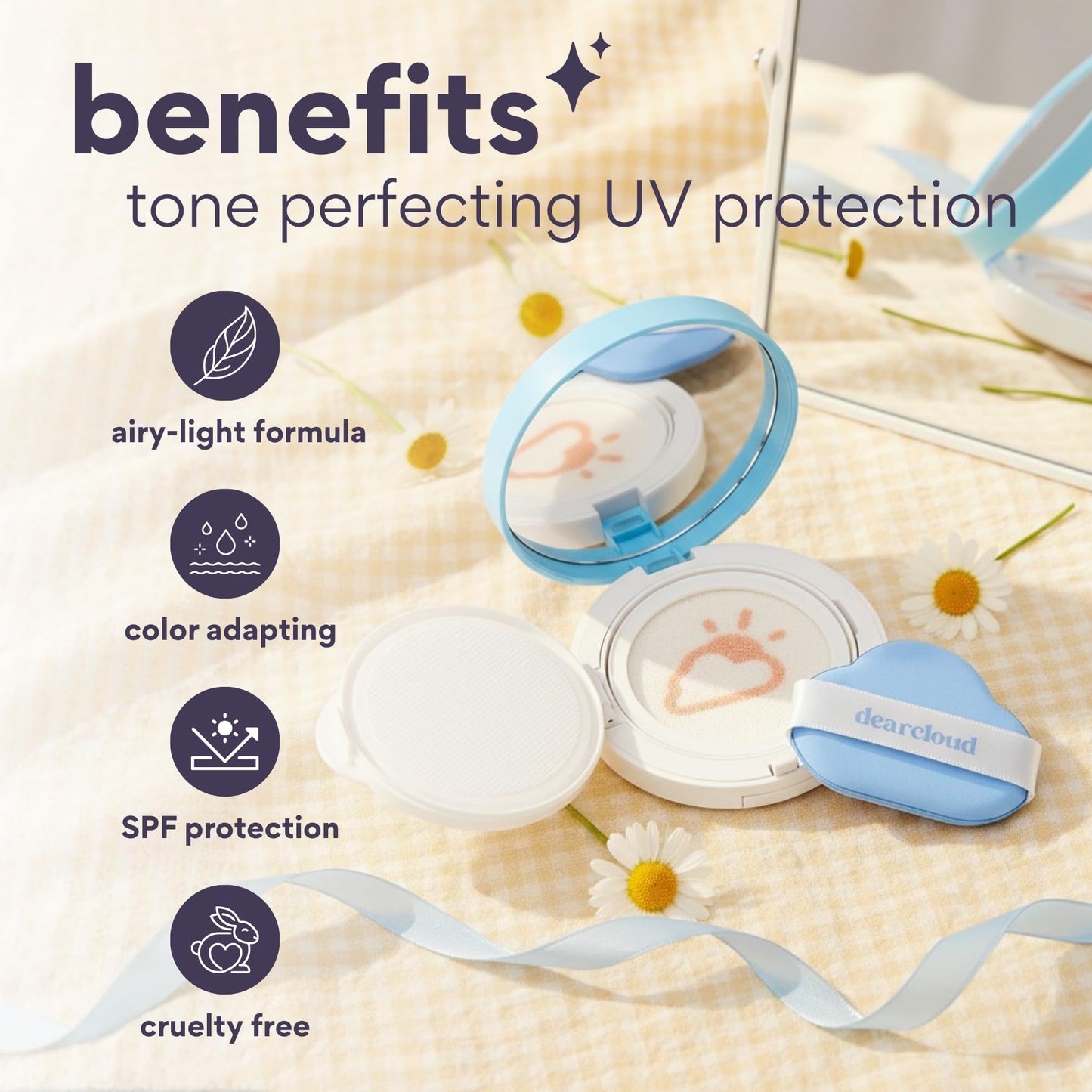 dearcloud Dear Sun Perfecting SPF Cushion - Color Adapting Sunscreen, Korean Sunscreen SPF 50+ (.53 oz) Beauty & Personal Care dearcloud