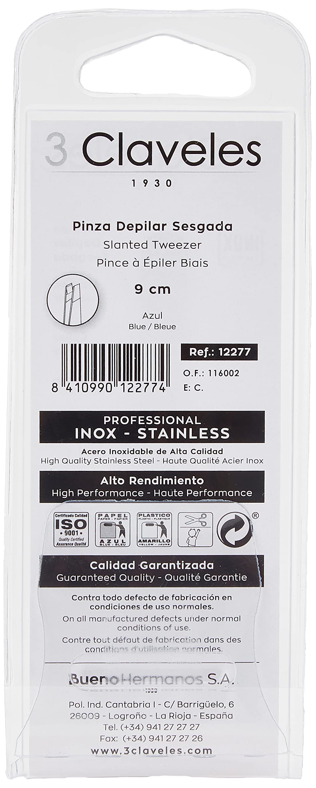 3 Claveles 12277 Tweezers Tweezers Slanted, Stainless Steel 9 cm Beauty and Personal Care 3 Claveles
