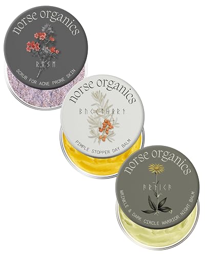 Norse Organics | Anti Age & Glow Ritual | 3 Step System Wrinkle Warrior Day Balm Face Scrub | Wild Arnica Pomegranate Arctic Herbs | Natural Skincare Beauty & Personal Care Norse Organics